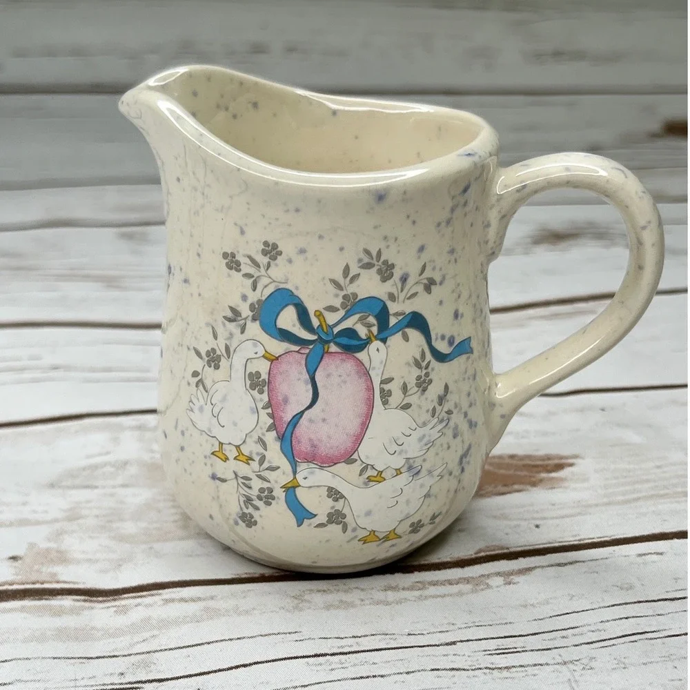 Blue Speckled Geese Pink Egg Ribbon Creamer Pitcher 4.25in